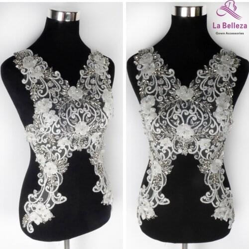 La Belleza white handmad beadede beautiful applique, 3D flowerbeads Rhinestone patch wedding dress applique accessories by piece