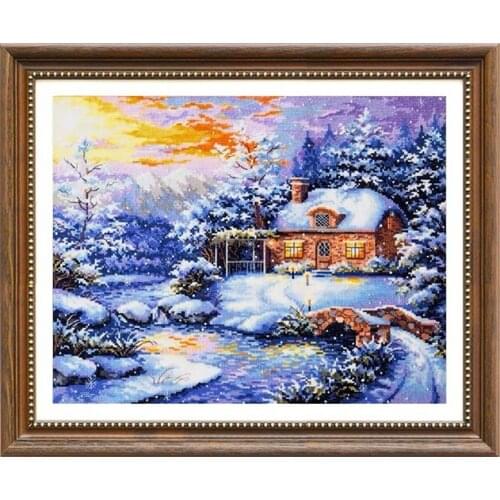 DIY Stamped Printed Cross Stitch Kit,Sets For Embroidery Cross-Stitching Cotton European Style Winter Snow Cabin