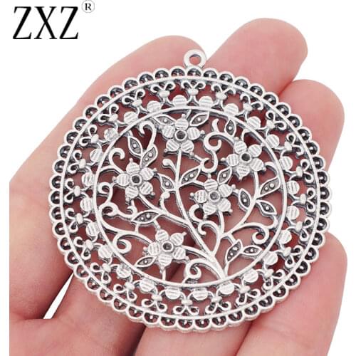 ZXZ 2pcs Tibetan Silver Large Filigree Flower Circle Round Charms Pendants for Necklace Jewelry Making Findings 55mm