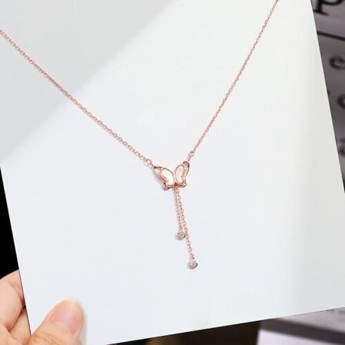 ModaOne Luxry Butterfly Shell Cubic Zirconia Clavicle Chain Rose Gold Silver Color Necklace For Women Tassel Dainty Jewelry