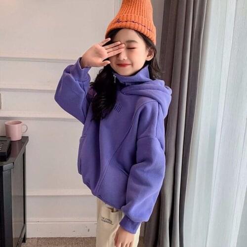 Girls' Hoodies Sweatshirts Kids Outwear 2021 Purple Velvet Thicken Warm Winter Autumn Cotton Fleece Plus Size Childrens Clothin