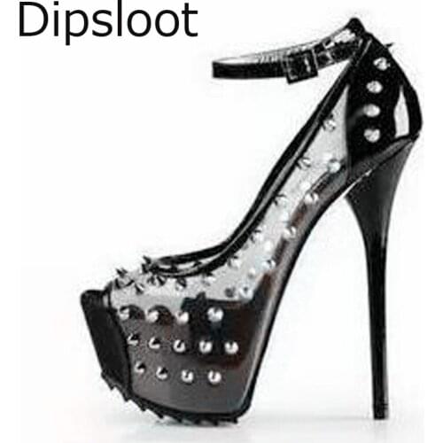 Women Spikes Cover Black Patent Leather Open Toe Pumps Transparent PVC Ladies Platform High Heels Ankle Buckle Female Party Shoe