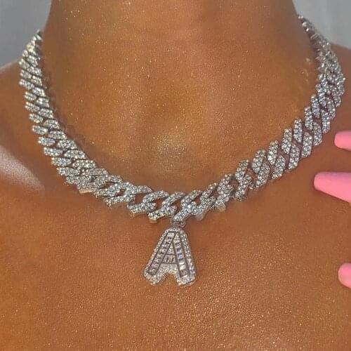 Hip Hop Crystal Big Initial Letter Chunky Cuban Chain Necklace Women Baguette Letters Miami Cuban Link Choker Party Jewelry Gift