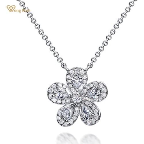 Wong Rain 100% 925 Sterling Silver Flower Created Moissanite Diamonds Gemstone Engagement Romantic Pendant Necklace Fine Jewelry