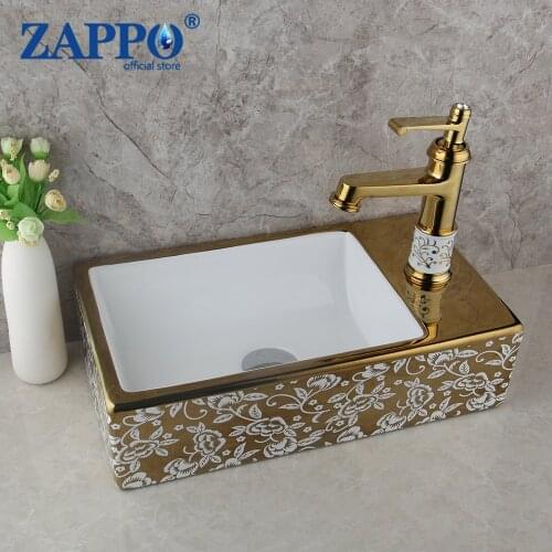 ZAPPO New Golden Ceramic Washbasin Square Lavatory Basin Bathroom Sink Bath Combine Brass Faucet Mixers & Taps Deck Mounted