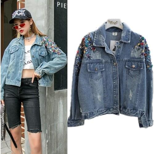 2021 Women Jean Jacket Shoulder Hand Make Beading Diamond Loose Oversized Coat Clothes Full Sleeve Button Solid Casual Top