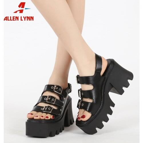 Summer Goth Punk Dark Black Style Women Sandals Platform Thick High Heels Buckle Wide Strap Female Sandals Fashion Ladies Shoes