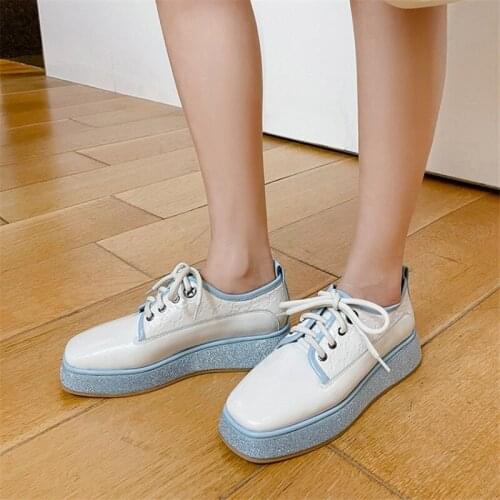 PXELENA Luxury Casual Comfort Genuine Leather Women Oxfords Crystal Studded Lace Up Flat Platform Creepers Lady 2021 Spring Soft