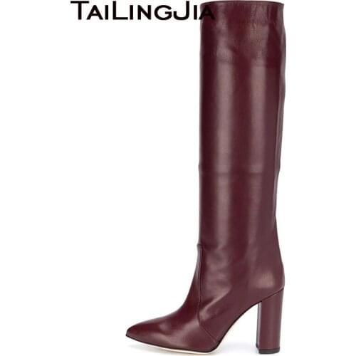 Chunky Heel Knee Boots for Women 2020 Winter Long Boot Ladies Elegant Pointed Toe Block Heel Blue PU Leather Large Size Shoes