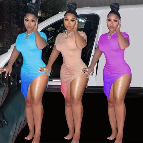 2021 hot selling spring and summer new European and American gradual change personality short sleeve medium length dress tight