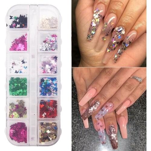 12Grids/Box Holographic Glitter Butterfly Shape Nail Sequins Shiny Laser Nail Glitter Paillette for DIY Nail Art Tips Decoration