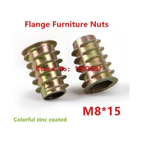 20pcs/lot M8*15 Furniture Nut Zinc Alloy Steel Colorful Plated Flanged Hex Drive Internal Thread Insert Wood Nuts