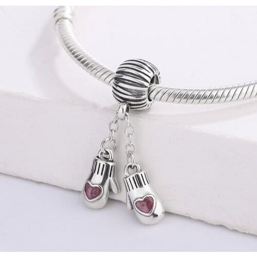 925 Sterling Silver Red Enamel Christmas Elderly Heart Gloves Pendant Charm Bracelet Jewelry DIY Making For Original Pandora