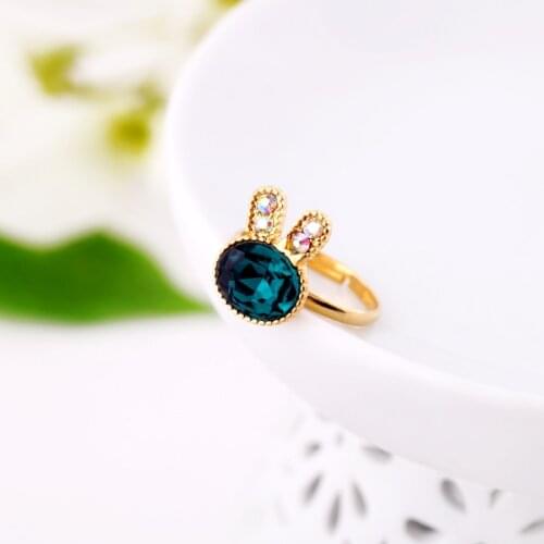 Accessories New gold Color green gem girls rabbit ring adjustable Factory Wholesale
