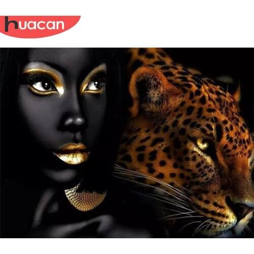 HUACAN Full Square/Round Drill Diamond Painting Leopard Diamond Mosaic African Woman Home Art Decoration For Home