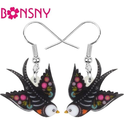 Bonsny Acrylic Halloween Flying Bird Earrings Floral Print Cute Animal Dangle Drop Jewelry For Women Girls Trendy Festival Gift