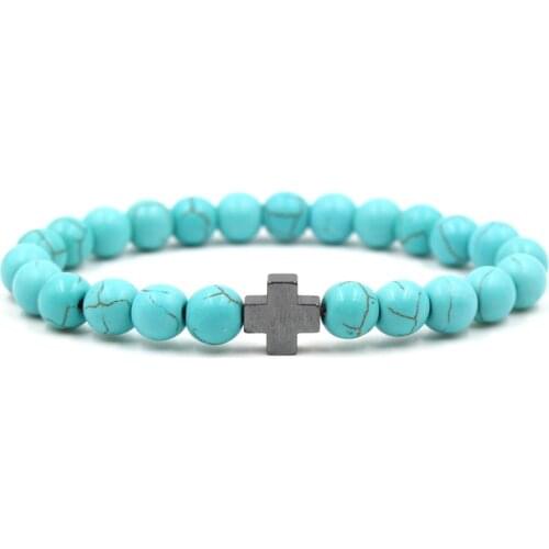 Trendy 8mm Natural Black Volcanic Lava Stone Blue stone Beads Bracelet 3 color Cross Bracelets for Women and Men Charm Jewelry