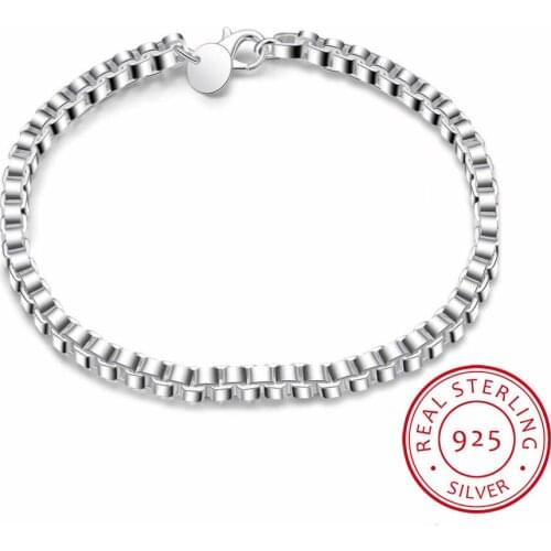 LEKANI Mens Fine Jewelry 925 Sterling Silver 4mm Box chains 19cm bracelet bangle Pulseiras de Prata For male gift free shipping