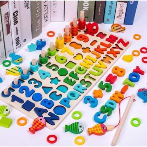 Childrens Wooden Montessori Educational Toys Building Block Puzzle Fishing Count Number Digital Shape Matching Busy Board Toys
