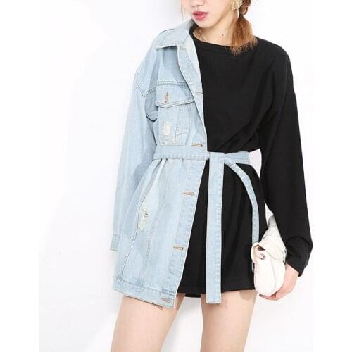 Echoine Long Sleeve Denim Shirt Dress Patchwork Irregular Hoodies Casual Fashion Sexy Streetwear Club Outfits Vestidos with Belt