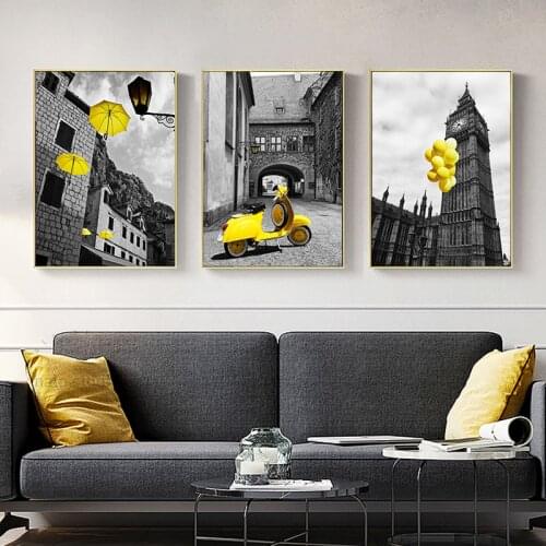 City Landscape Vintage Poster Yellow Motorcycle Wall Art Print Balloon Canvas Painting Wall Pictures for Living room Home Decor