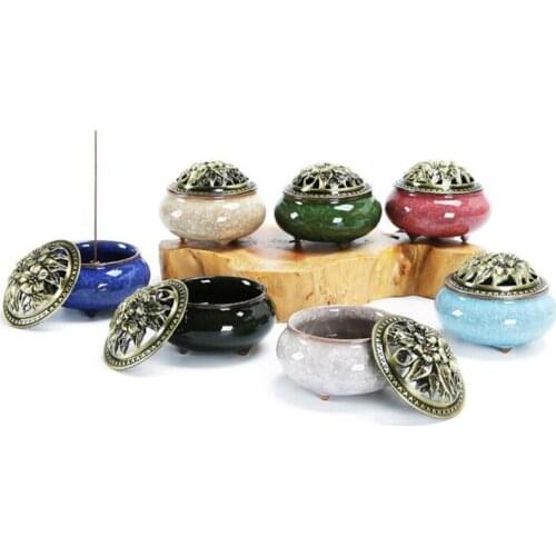 Ceramic Backflow Incense Burner Ice Crack Retro Three Feet Burner with Copper Lid Exquisite Home Decoration