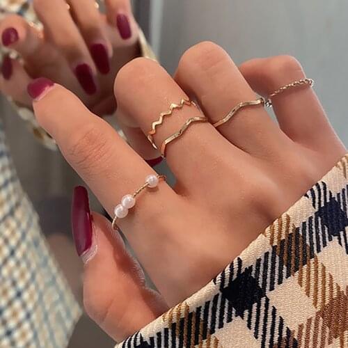 ZHINI New Fashion Charm Imitation Pearls Rings for Women Simple Geometric Distortion Ring Set Statement Jewelry anillos mujer