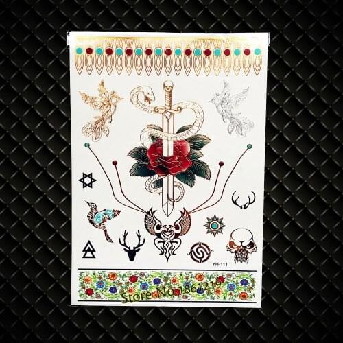New Sexy Roses Snake Gold Henna Flash MEtallic Waterproof Tattoo Swords GYH111 Fake Transfer Tattoo Flower Bracelet Silver Birds