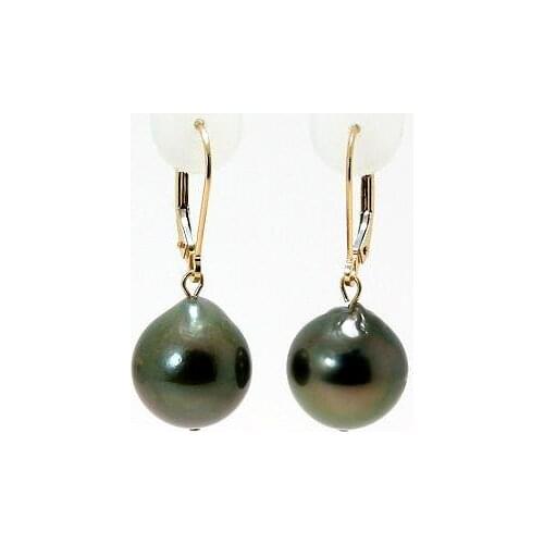 New Favorite Pearl Store AAA 12x13.5mm Dark Gray Tahitian Pearl Dangle Earrings 14K Yellow Gold Leverback Hook Fine Lady Gift