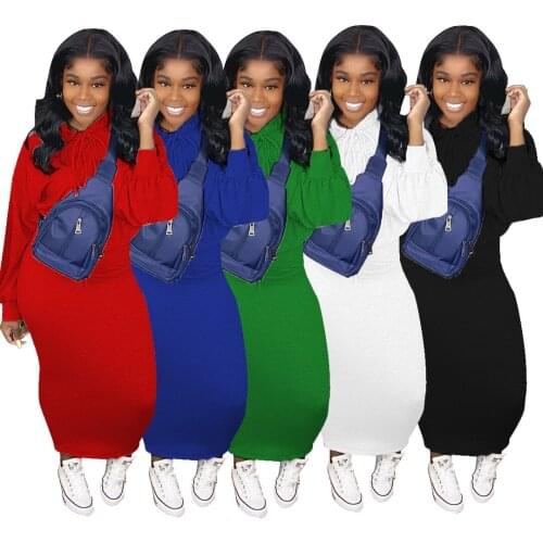 R6376 Wholesale Items Pure Color Hoodie Two Piece Skirt Set 2021 Women Fall Clothes Long Skirt Set Autumn Fashion