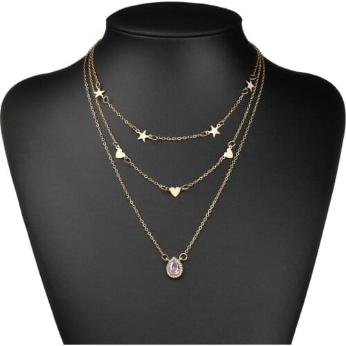 Romantic Multiple Chains Metal Star Heart Love Opal Rhinestone Inlaid Pendent Necklace for Women Men Girls Collar Jewelry Gift