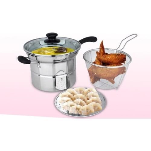 Fryer Pan with steamer, Flat Bottom Pot, Mini Frying wok, Fire Gas electric Cooker, Stainless steel, Glass cover Free shipping