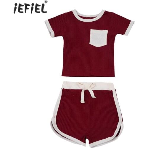 Fashion Toddler Kids Summer Suit Ribbed Casual O-Neck Short Sleeves Tops+Elastic Waist Shorts Knitted Outfits for Girls Boys