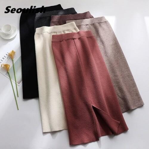 Seoulish New 2021 Autumn Winter Chic Knitted Wrap Skirts High Waist Solid Back Split Elegant Sheath Bodycon Sexy Pencil Skirts