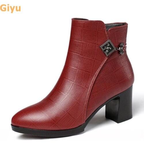 Giyu 2020 autumn and winter new Brand Genuine Leather Wool booties Female high heels Womens single boots Plus size ankle boots