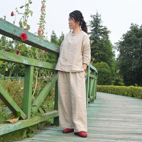 Women Ramie Retro Wide Leg Pants ladies Ealstic Waist Solid Color Vintage Wide Leg Trousers Female Loose Pants 2020