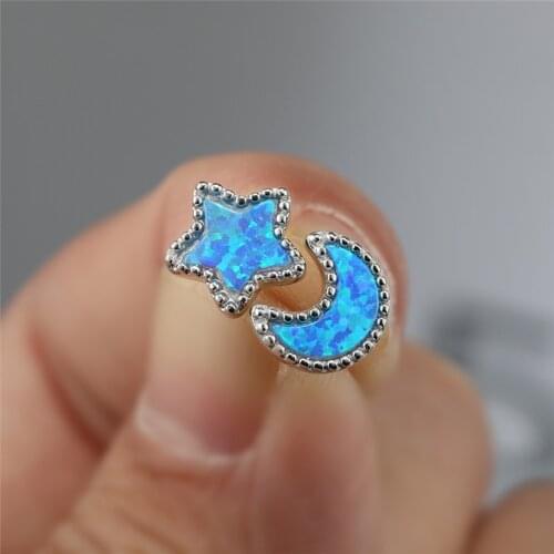 Blue Fire Opal Gemstone Star and Moon Stud Earrings For Women 925 Sterling Silver Engagement Earrings Female Birthstone Jewelry