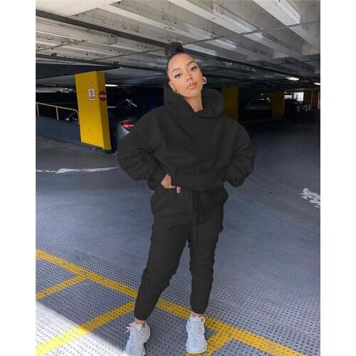 Women 2PCS Tracksuits, Casual Solid Color Loose Sweater Hoodie with Pocket, Drawstring Elastic Waist Pants Set