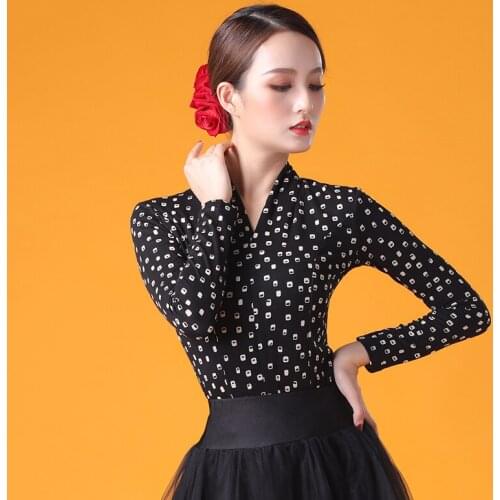 New Female Latin Dance Practice Tops Women Adult Long Sleeve Black Clothes Professional Modern Ballroom Dance Costumes DQL3600