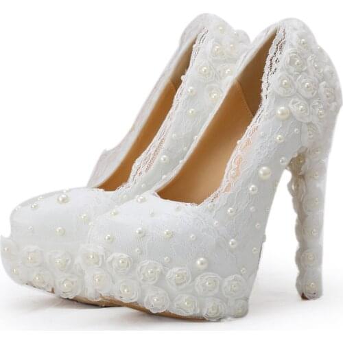 White Lace Flower Wedding Shoes Pearl Beaded Super High Heel with Platform Women Pumps Round Toe for Party Bridesmaid Bridal