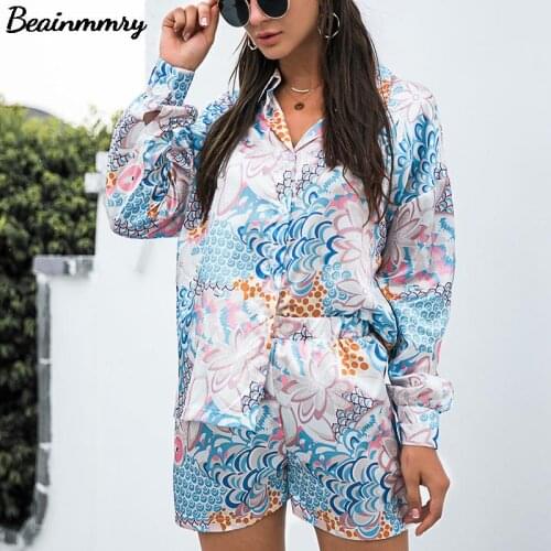 2021 Za Summer Women Vintage Totem Print Three Piece Sets Y2K Female Casual Long Sleeve Single Breasted Blous Top Short Pant Set