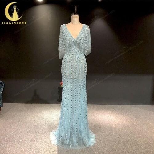 Rhine Elie Saab V Neck Light Green Full Beads Cape Mermaid Evening Dress Long вечернее платье