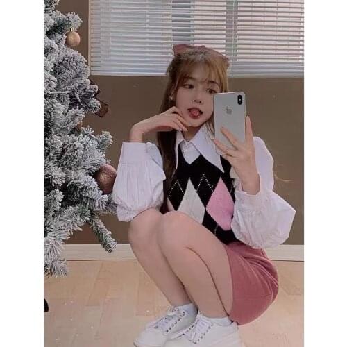 Retro College Style Contrast Color Diamond Knit Vest Vest Female Korean Youth Simple Sweater