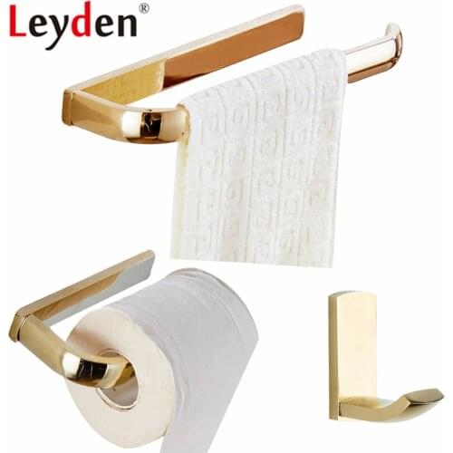 Leyden Wall Mounted 3pcs Bathroom Accessoreis Set Golden Finish Brass Towel Ring Holder Toilet Paper Holder Robe Hook