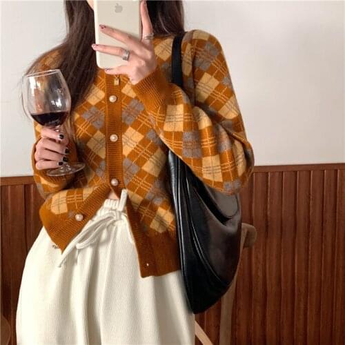 Alien Kitty 2021 Spring New Retro Argyle Loose O-Neck Plaid Sweet Gentle Knitted Cardigans Fresh Sweaters Coat Tops