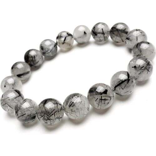 Free Drop Shipping Natural Genuine Brazil 13mm Black Hair Rutilated Quartz Crystal Round Bead Stretch Pulseira Feminina 2016