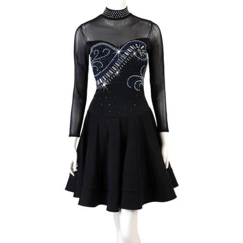 Female Latin Dance Dress Black Long Sleeve Shiny Diamond Rumba Dance Costume Ballroom Dance Competition Clothing Women Tango Performance Outfit DQL2449