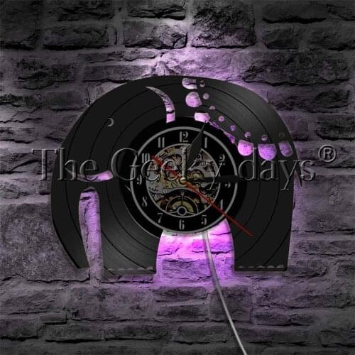 African Walking Elephant Mammal Decorative Lighting Vinyl Record Wall Clock Modern Wall Lamp Wildlife LED Night Light