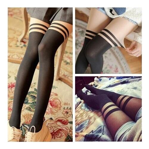 Women Sexy Black Pantyhose Over The Knee Bottoming High Stockings Double Stripe Sheer Tights Thin Pantyhose Hot Sale