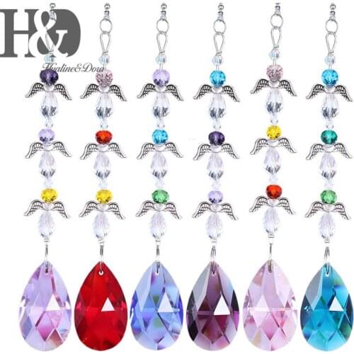 H&D Angel Crystal Pendant Chandelier 38mm Multi-Color Feng Shui Faceted Decorating Crystal Grid Prism,Pack of 6